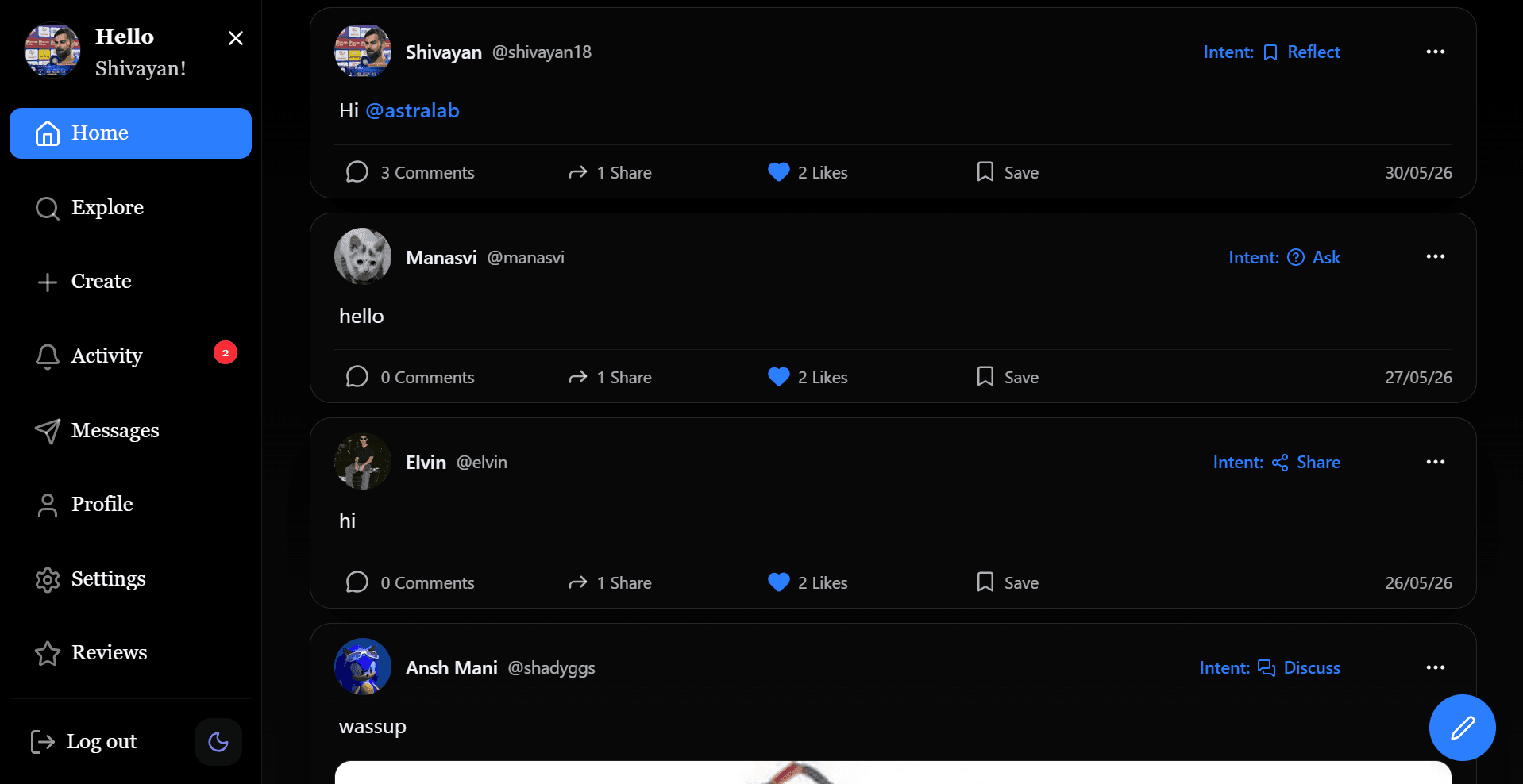 Vector feed with intent-tagged posts